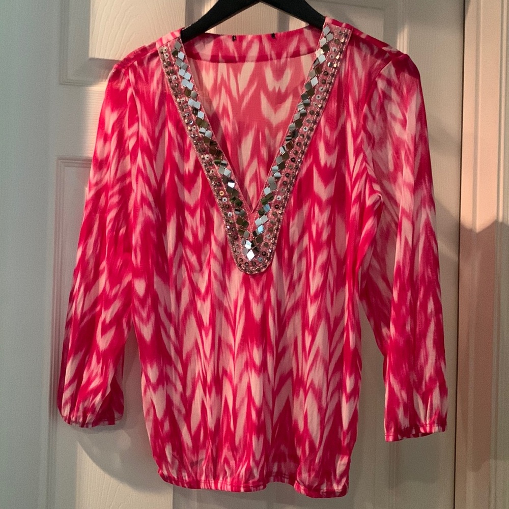 Hot pink shear INC blouse with bling. Very flattering. I cut tags out size small